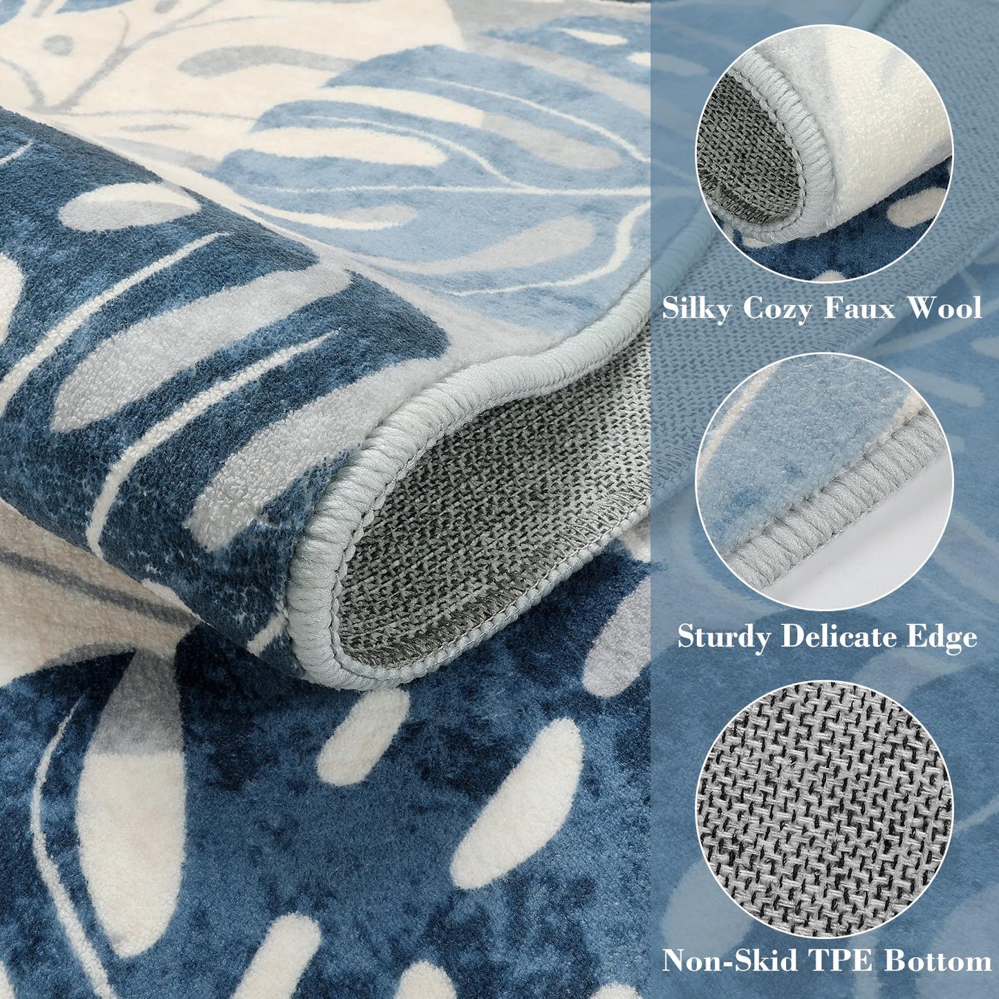 Wonnitar Leaf 2x3 Kitchen Rug, Small Bathroom Blue Rug, Washable Bedside Accent Mat, Monstera Plant Coastal Non-Shedding Soft Entryway Floor Carpet for Laundry Room Entrance Bath