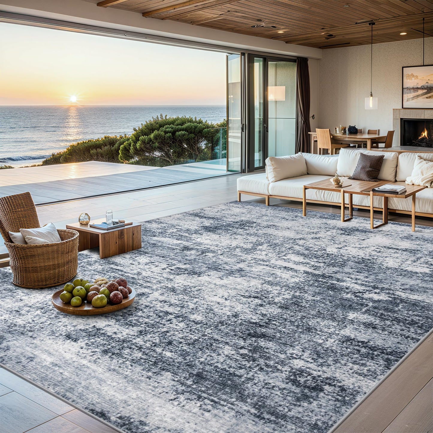 8x10 Area Rugs for Living Room - Washable Rug Modern Abstract Soft Large Neutral Non-Slip Carpet Indoor Floor Thin Carpets for Bedroom Dining Room Farmhouse Nursery Home Office Grey Blue