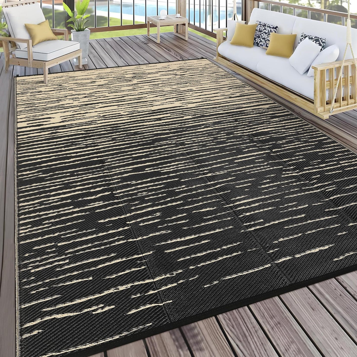 COZYLOOM Striped 6x9 RV Outdoor Rug Waterproof, Modern Outdoor Plastic Straw Rug, Foldable Lightweight Reversible UV Resisatnt Rugs for Picnic Backyard Deck Balcony Porch Beach Camper, Black Coffee