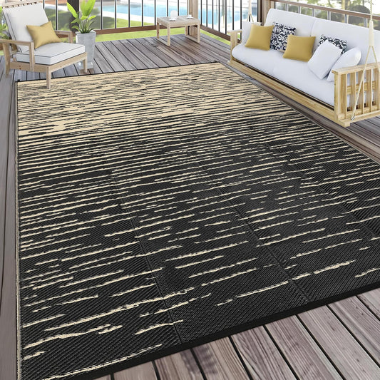 COZYLOOM Striped 6x9 RV Outdoor Rug Waterproof, Modern Outdoor Plastic Straw Rug, Foldable Lightweight Reversible UV Resisatnt Rugs for Picnic Backyard Deck Balcony Porch Beach Camper, Black Coffee