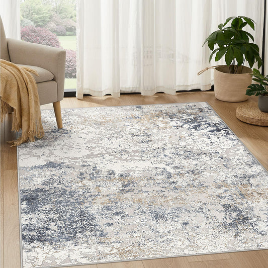 DMOYEST Square Area Rug Living Room Rugs - 6x6 Washable Large Soft Indoor Neutral Modern Abstract Low Pile Rug Carpet for Bedroom Dining Room Farmhouse Home Office - Beige Blue