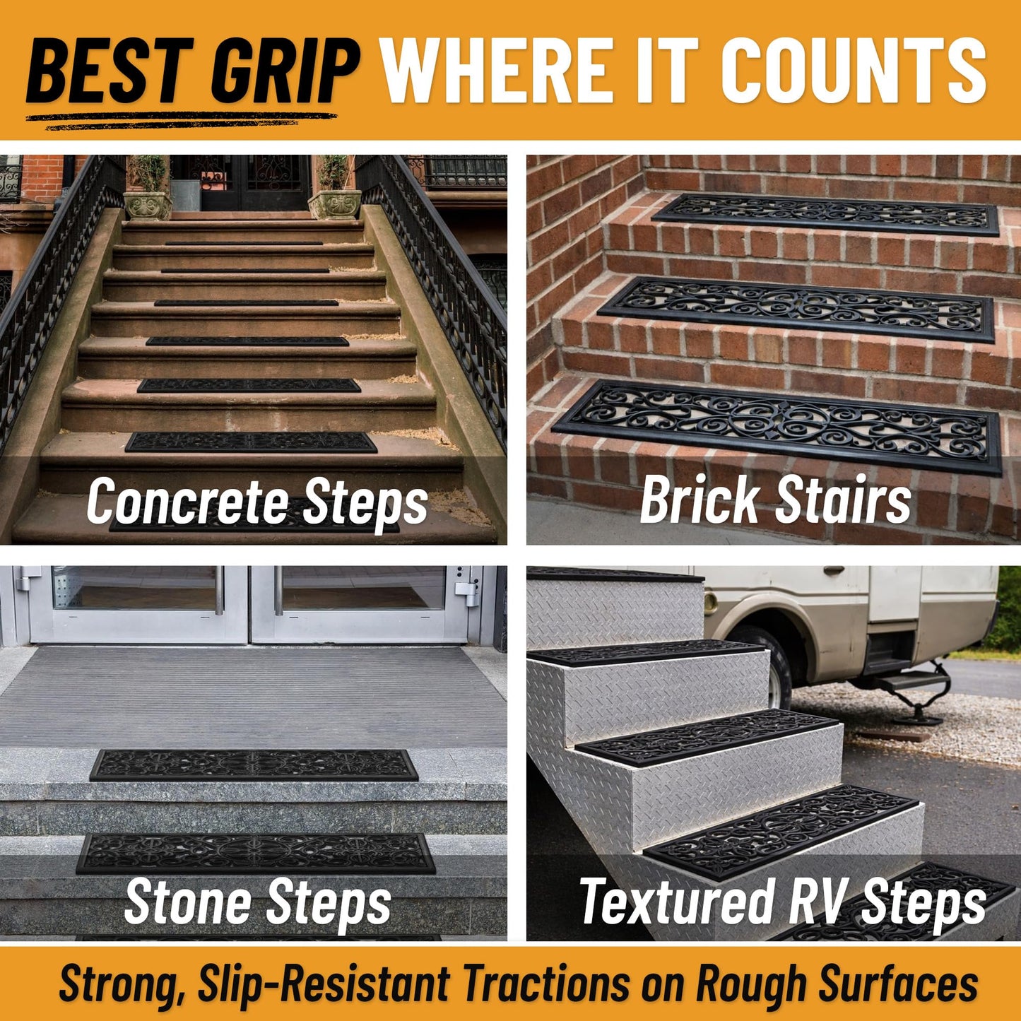 Ottomanson Outdoor Rubber Stair Treads – Scroll Classic Heavy-Duty Non-Slip Stair Mats – Best Grip on Concrete, Brick & Textured Step – Fastening Recommended for Wooden & RV Steps, Pack of 5