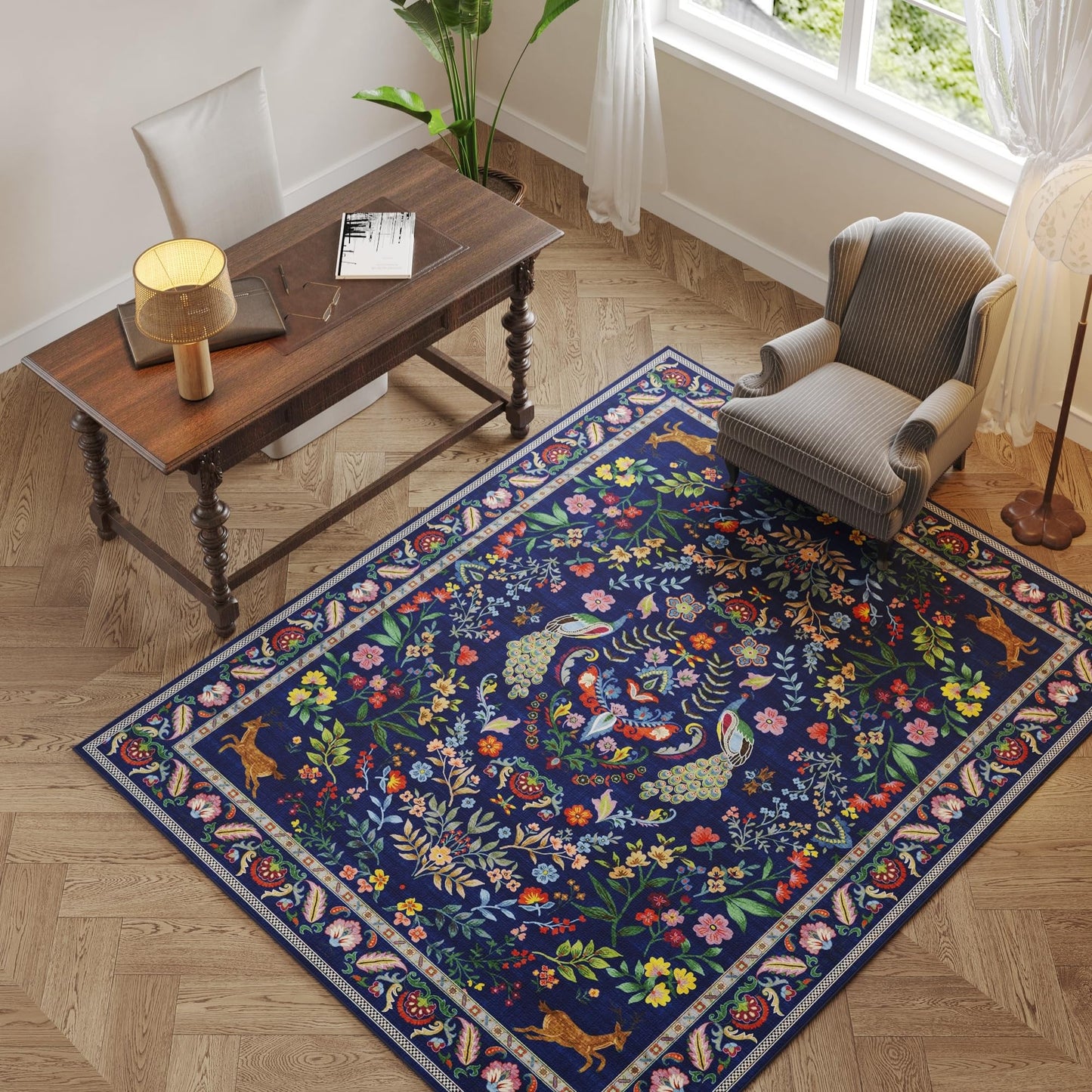 Rugcomf Area Rug 4x6 Rug Washable Rugs Floral Non Slip Low Pile Small Carpet for Bedroom, Bedside, Kids Room, Office, Dining Room(Blue)