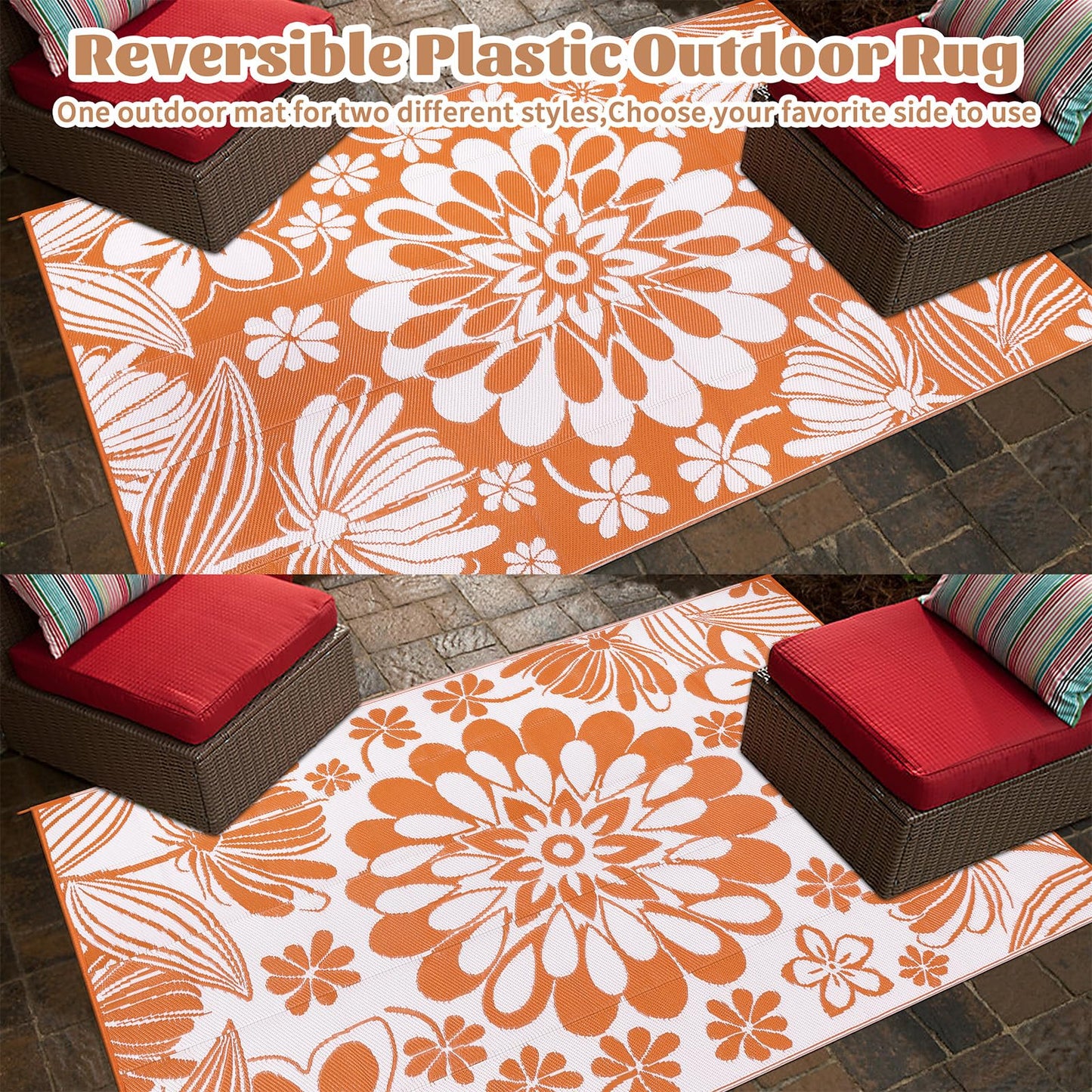 Ileading Outdoor Patio Rug, Orange Floral Reversible Outdoor Rug, Waterproof Plastic Straw Mat, Portable Outside Deck Area Rug, Camping RV Carpet for Porch Balcony (6×9 ft)