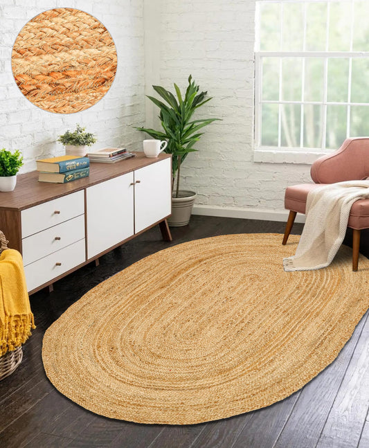 RIANGI Hand Woven Jute Area Rug - 4' x 6' Feet - Rustic Beige Reversible Oval Rugs for Bedroom, Kitchen, Living Room - Vintage Natural Braided Entry Floor Décor Boho Oval Area Rugs 4x6 Feet