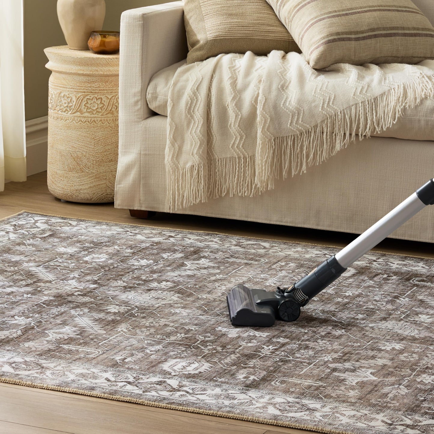 EVERWASH Haven Distressed Border Machine Washable Area Rug with Airflo Technology for Easy Clean, Ultra-Soft Non-Slip Rug with Built-in Pad, Pet, Family & Allergy Friendly Rug, Brown, 2'6"x7'