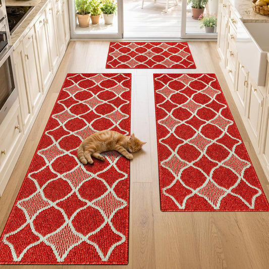 Kitchen Mats for Floor 3 Piece Set,Farmhouse Kitchen Runner Rugs Non Skid Washable,Soft Comfort Kitchen Mats for Floor Sets,Kitchen Area Rug Floor Mat for Bathroom Entryway Indoor Door(Red)