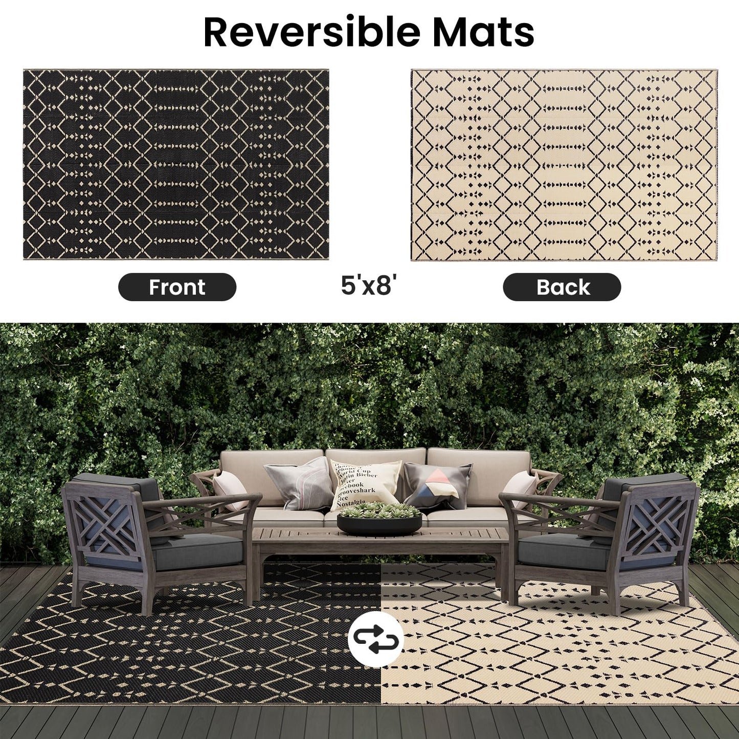 Smiry Outdoor Rug 5x8 ft, Waterproof Reversible Plastic Straw Rugs, Boho Outdoor Area Rug, Outside Floor Mat for Patio, Backyard, Deck, Picnic, Beach, Camping, Beige