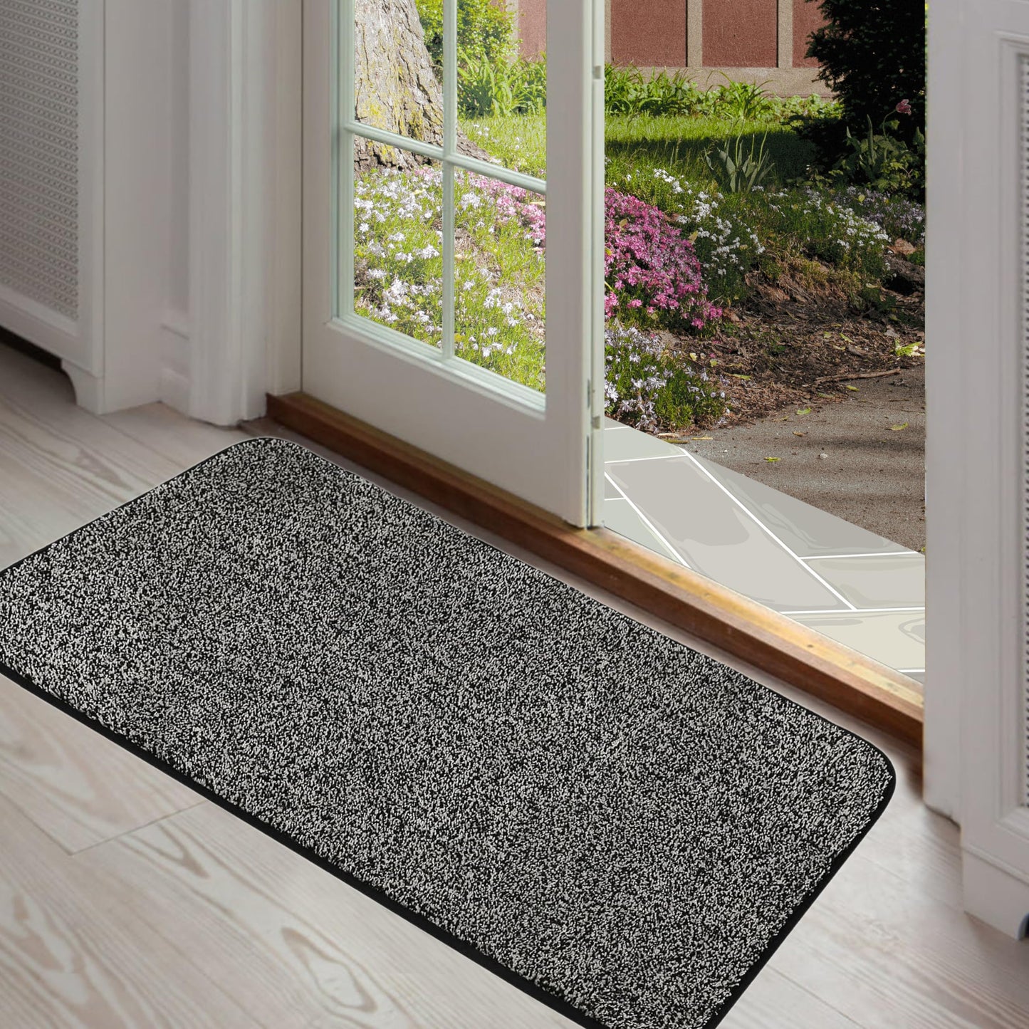 ITSOFT Dirt Trapper Indoor Door Mat & Entrance Rug For Wet Muddy Shoes and Pet Paws, Non-Slip Machine Washable, Shoe Scraper, Absorbent Welcome Dog Mat for Front Door, Entry Way (30x18, Black & White)