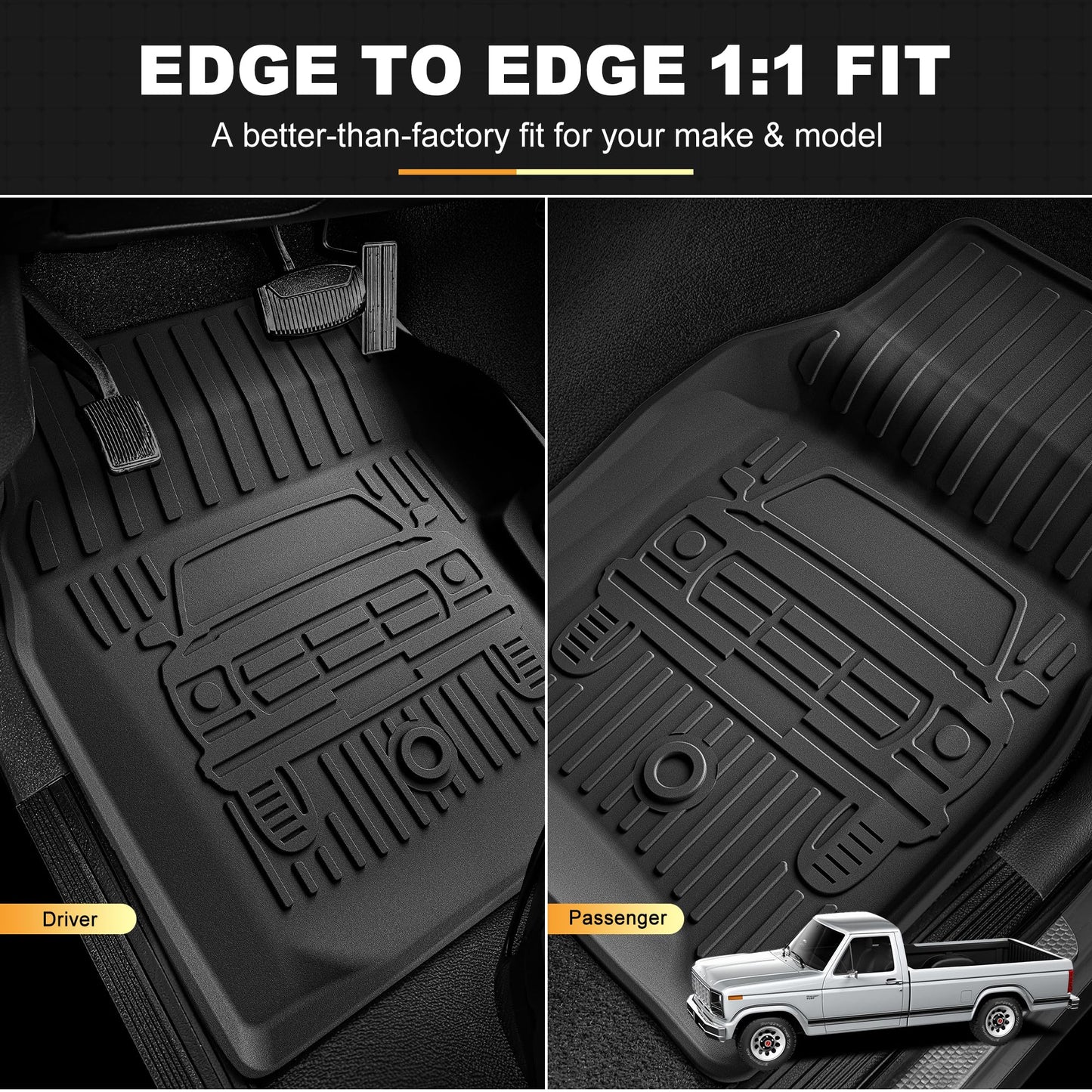 All Weather Floor Mats for Ford F150 1980-1996, F-250/F350 1980-1997 Classic Ford Truck Accessories 1980-1986 1987 1988 1989 1990 1991 1992-1996 Waterproof Nonslip TPE Liner Cover Black