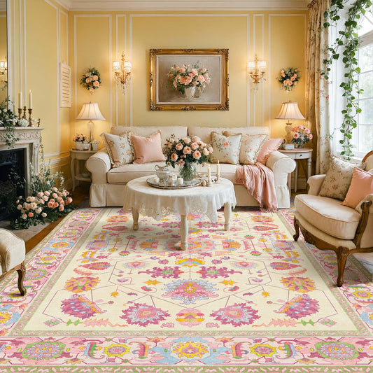Kokia 8x10 Area Rugs Living Room Washable Non Slip Low Pile Vintage Stain Resistant Soft Large Oriental Rugs for Bedroom, Dining Room, Kitchen, Indoor Leisure Rooms, Nova Vanilla