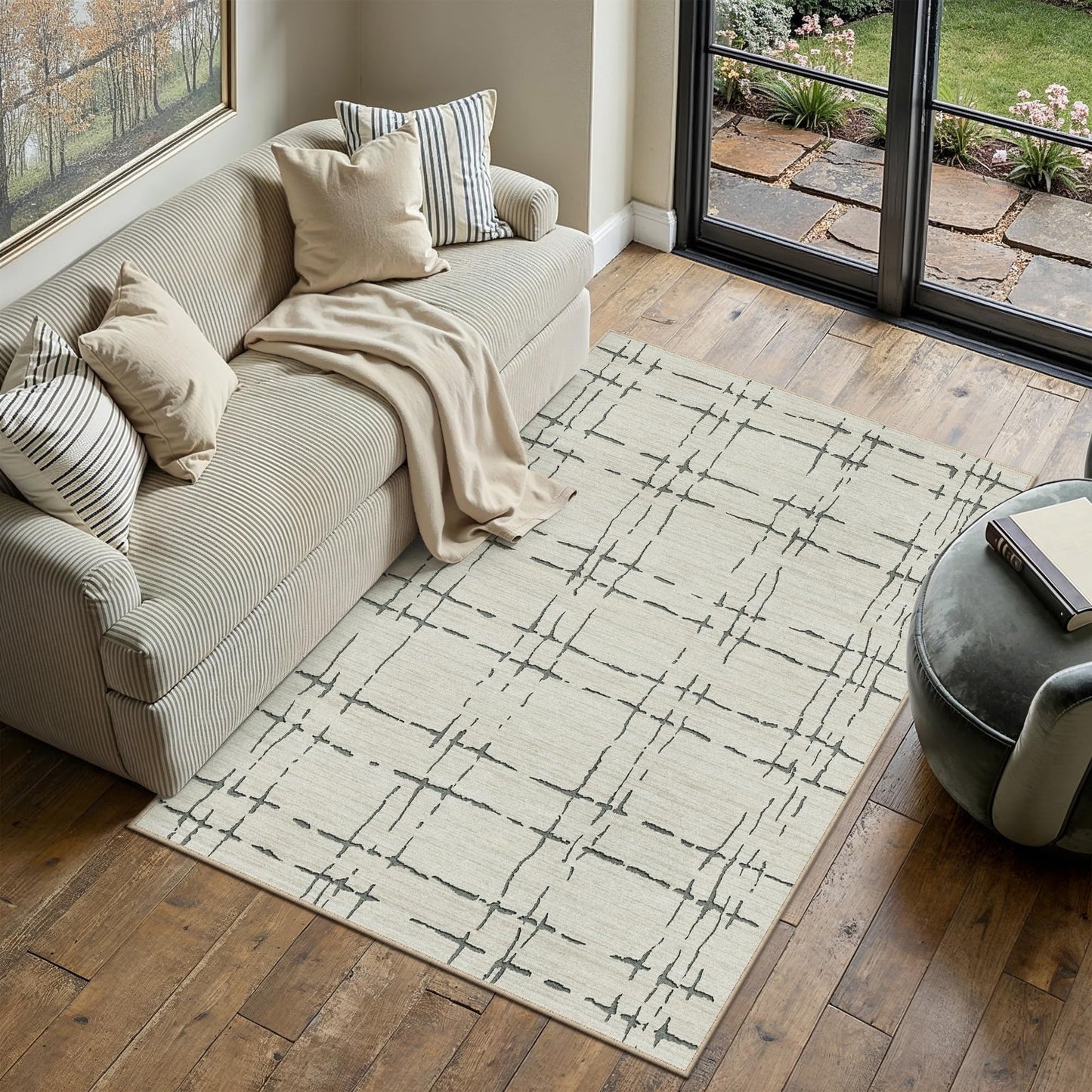PureCozy 4x6 Washable Neutral Area Rug for Living Room Sand Gray Modern Small Carpet Non Slip Low Pile Indoor Bedroom Soft Accent Throw Rug for Dining Room Office Nursery Playroom