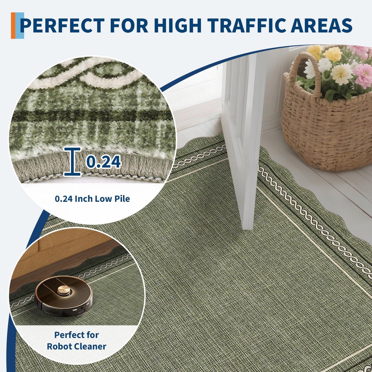 GarveeHome Scalloped Door Mat 2x3 Indoor Rugs for Entryway Washable Non-Slip Solid Small Rug Modern Soft Low-Pile Stain Resistant Carpet for Bedroom Kitchen Entrance Laundry, Green
