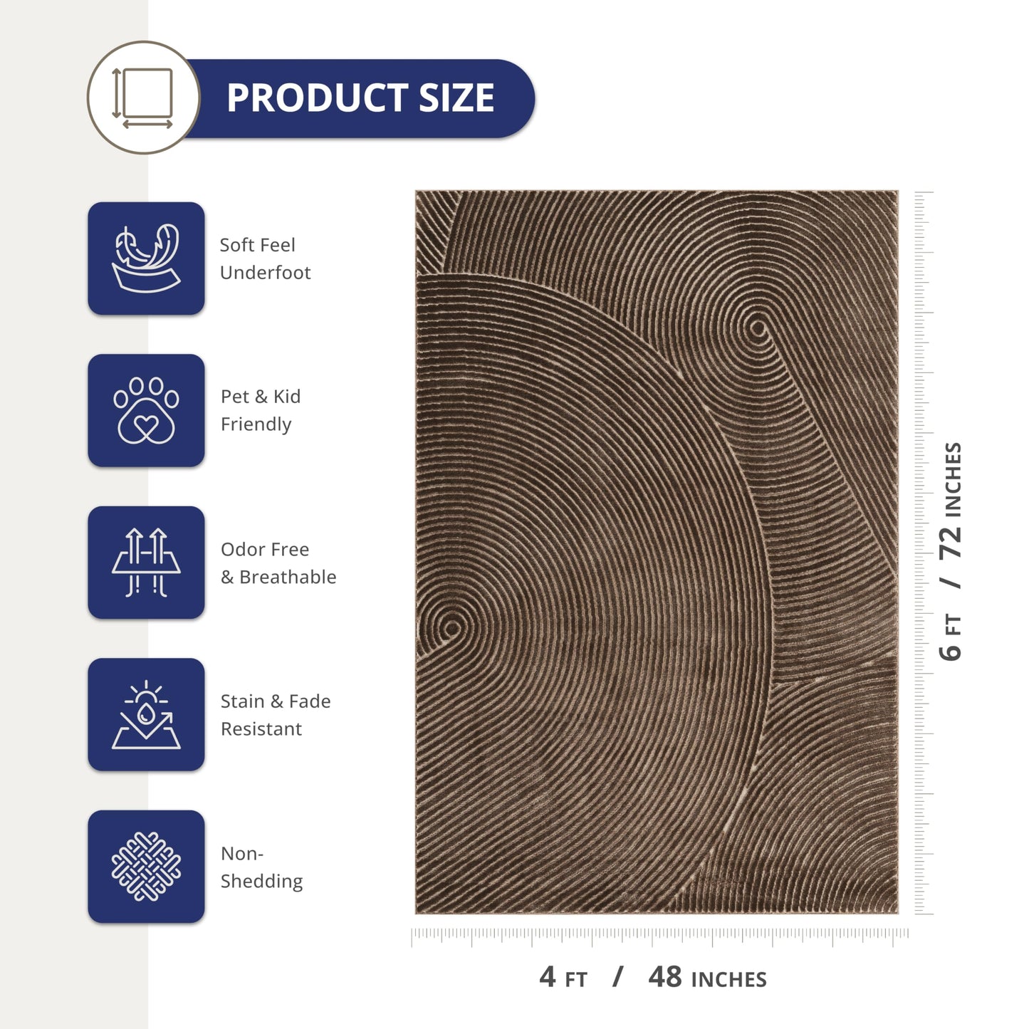 Abani Neutral Collection Brown Area Rug 4' x 6' for Living Room, Bedroom - Mid-Century Concentric Circle Design - Durable & Easy to Clean