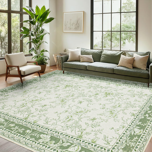 Green Area Rugs 6x9 Living Room Washable Boho Vintage Sketch Floral Sage Cream Beige Rugs for Bedroom Non Slip Soft Carpet for Dining Room Kids Girls Nursery, Lounge Peony Lily Pattern Floral Rug