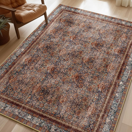 Phantoscope Washable Area Rug 6'x9' Non-Slip, Vintage Neutral Xmas Rugs for Living Room, Bedroom, Dining Room, Distressed Boho Floral Medallion Pattern, Low-Pile Foldable Floor Carpet, Brick Red/Black