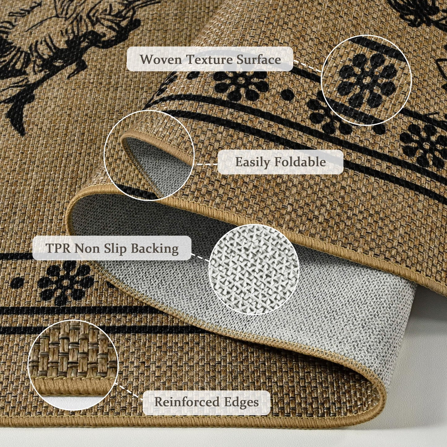 FALARK Easy Jute 4x6 Outdoor Patio Rug, Washable Rugs for Entryway Indoor Living Room Carpet, Farmhouse Neutral Non Slip Thin Beige Botanical Sketch Door Carpet for Backyard Bedroom Kitchen