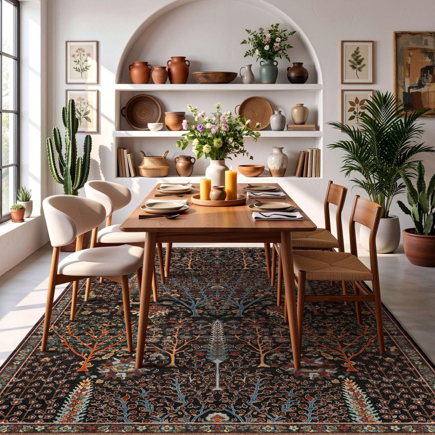 Kokia 8x10 Boho Black Botanical Floral Washable Rug, Oriental Soft Non-Slip Decoration Rugs for Living Room, Farmhouse Bedroom, Kids Playroom, Office