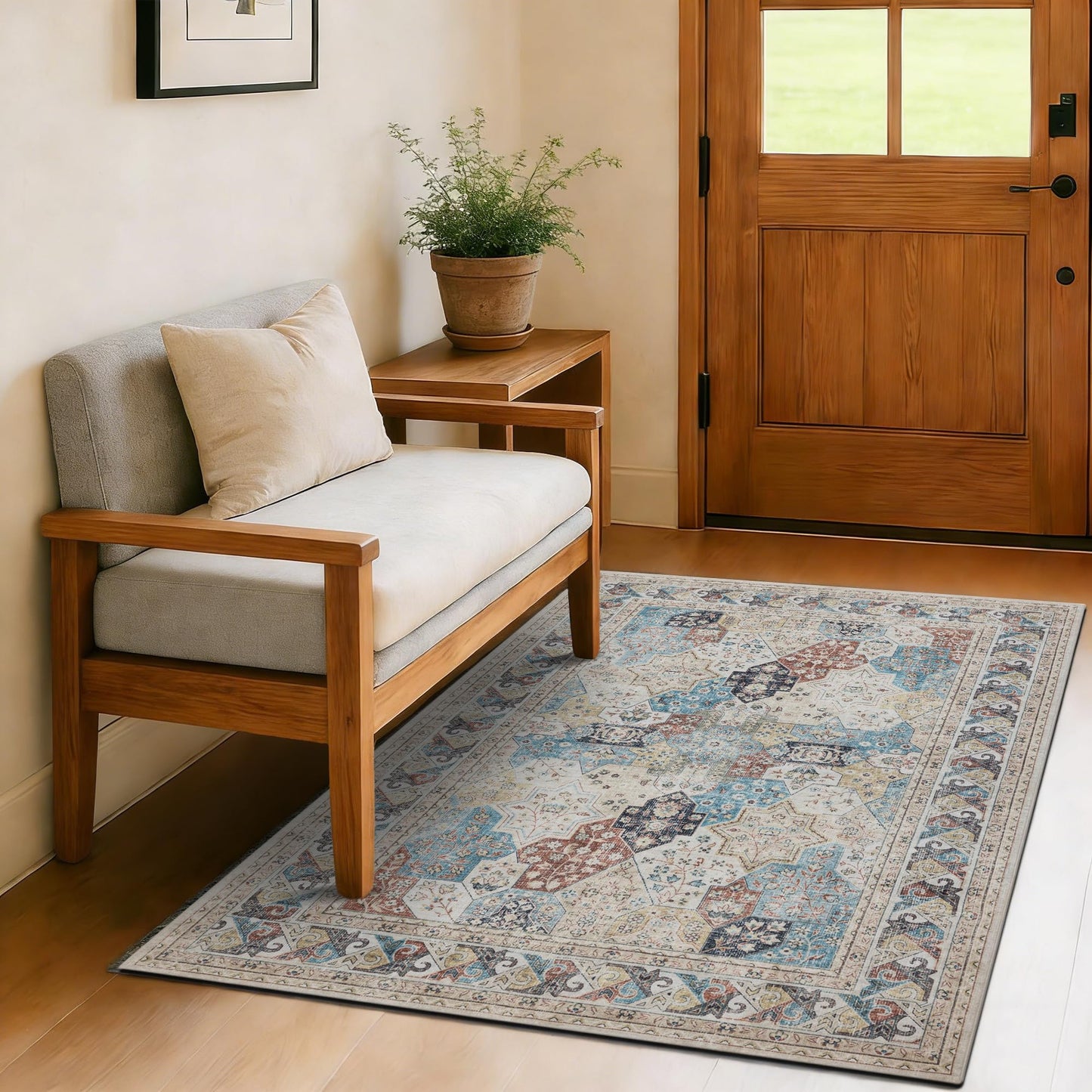 4x6 Moroccan Washable Area Rugs, Oriental Accent Rugs with Non-Slip Backing, Distressed Design Low Pile Soft Carpet for Living Room, Bedroom, Dining Room, Home Office, Blue/Multi