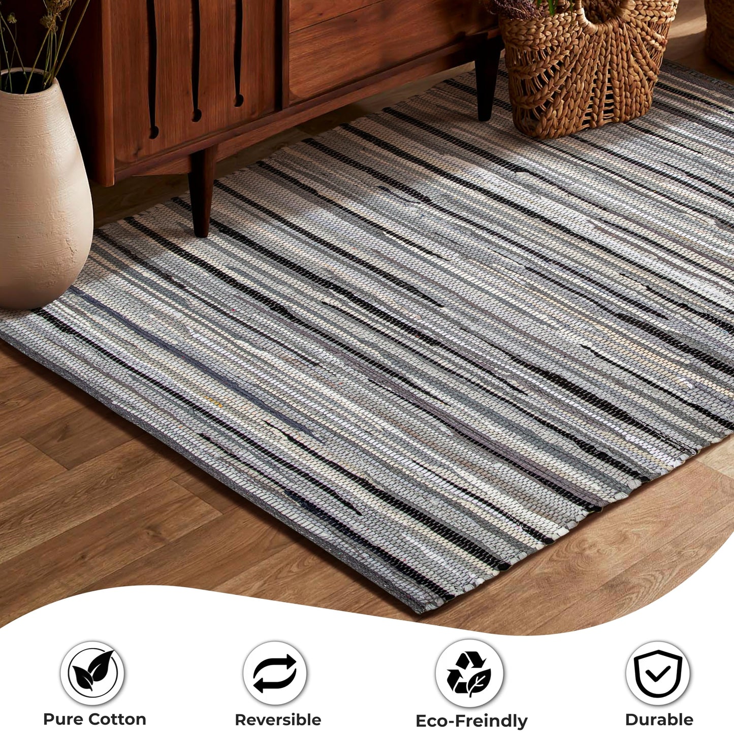 Ramanta Home Hand Woven 100% Cotton Rag Rug 3'x5' - Charcoal, Recycled Rugs, Boho Farmhouse Rugs for Living Room, Dinning Room, Kitchen, Entryway, Bedroom Rug - 36"x60"