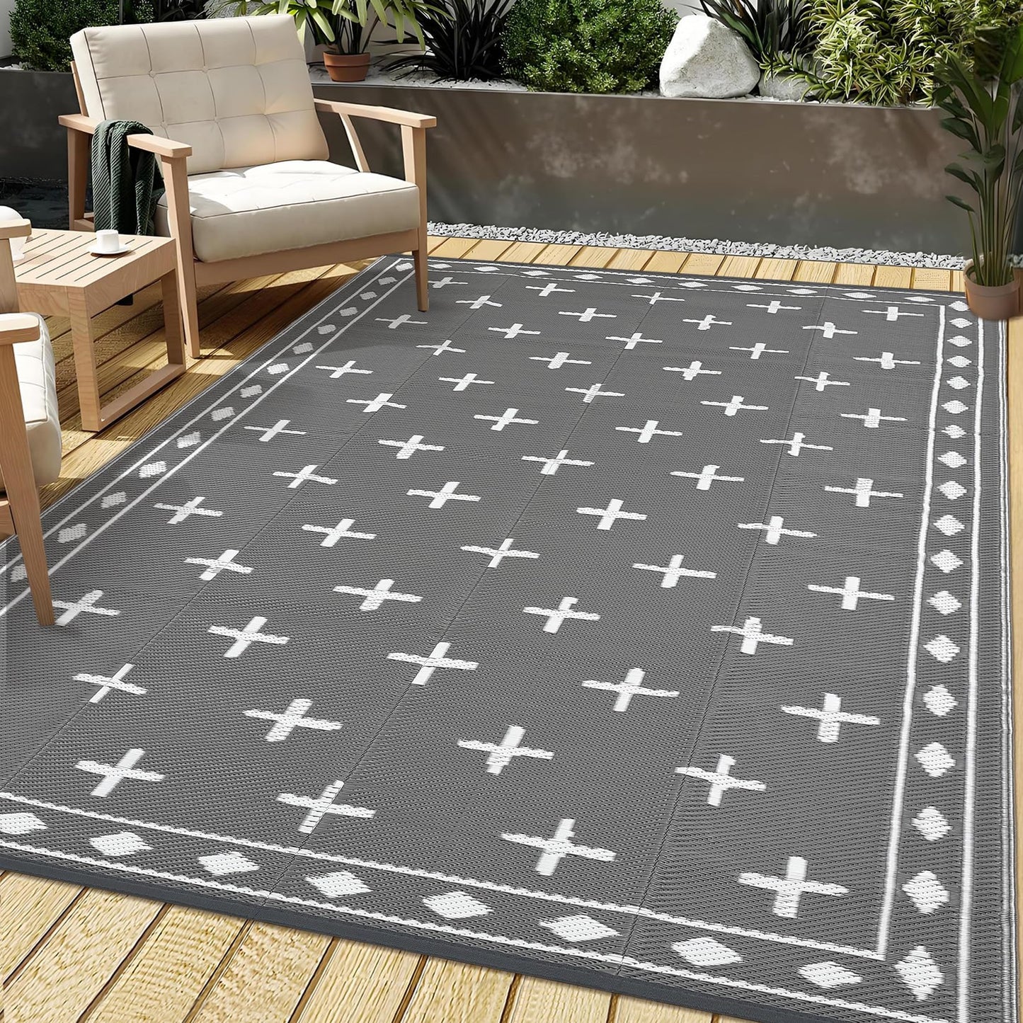 Garvee 8x10 Outdoor Rug, Reversible Waterproof Plastic Straw Patio Mat with Geometric Border Design, Camping & RV Floor Rug for Deck, Balcony, Backyard, Beach and Picnic,Grey