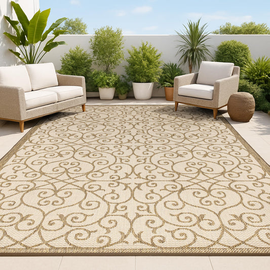 JONATHAN Y Vintage Filigree Indoor Outdoor Area Rug 5X8 Beige/Brown, Madrid Textured Weave for Backyard, Patio, Porch, Easy-Cleaning, High Traffic, Pet-Friendly, Non-Shedding (SMB107B-5)