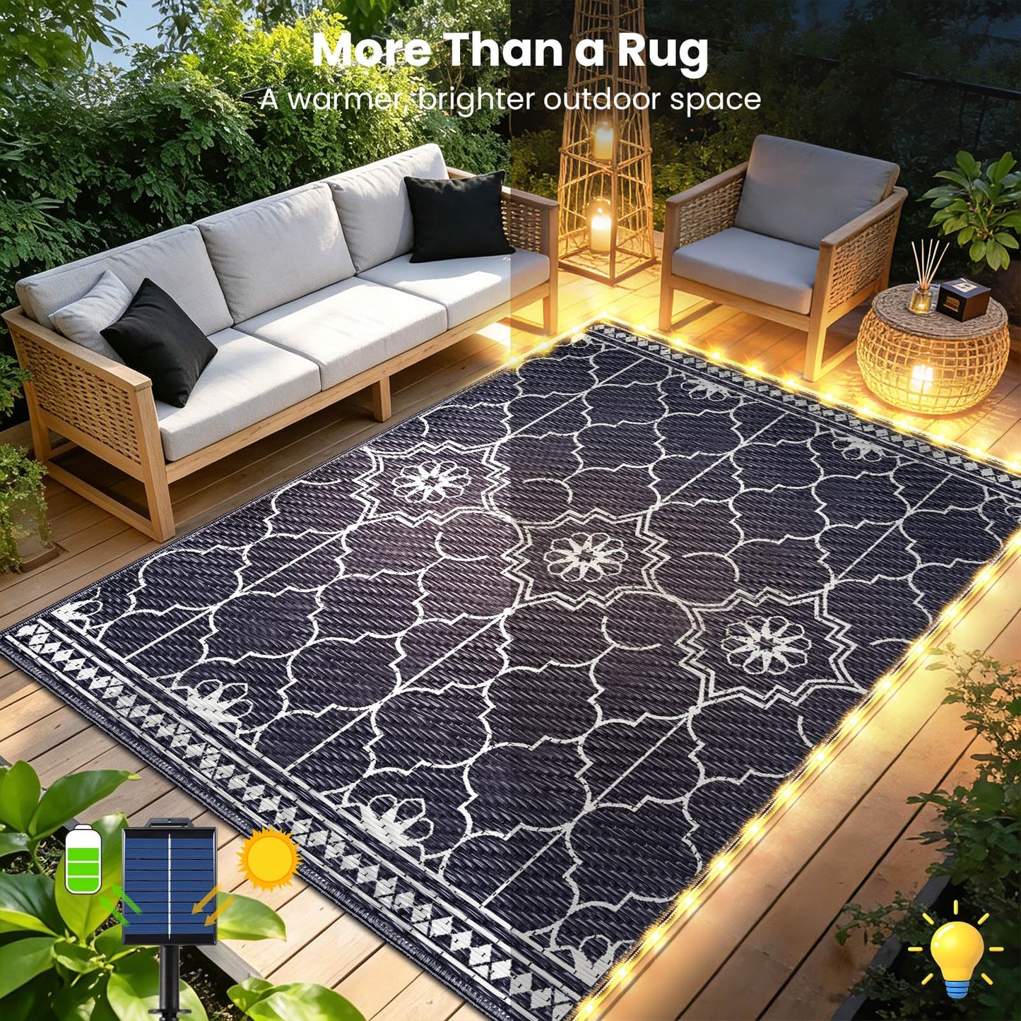 Lighted Outdoor Rug 8x10 ft, Solar Powered Patio Rug with 113 LED Lights, Waterproof Plastic Reversible Outdoor Straw Rugs, Rugs Mat for House Deck RV Camping Patio Beach Balcony Picnic (Blue White)