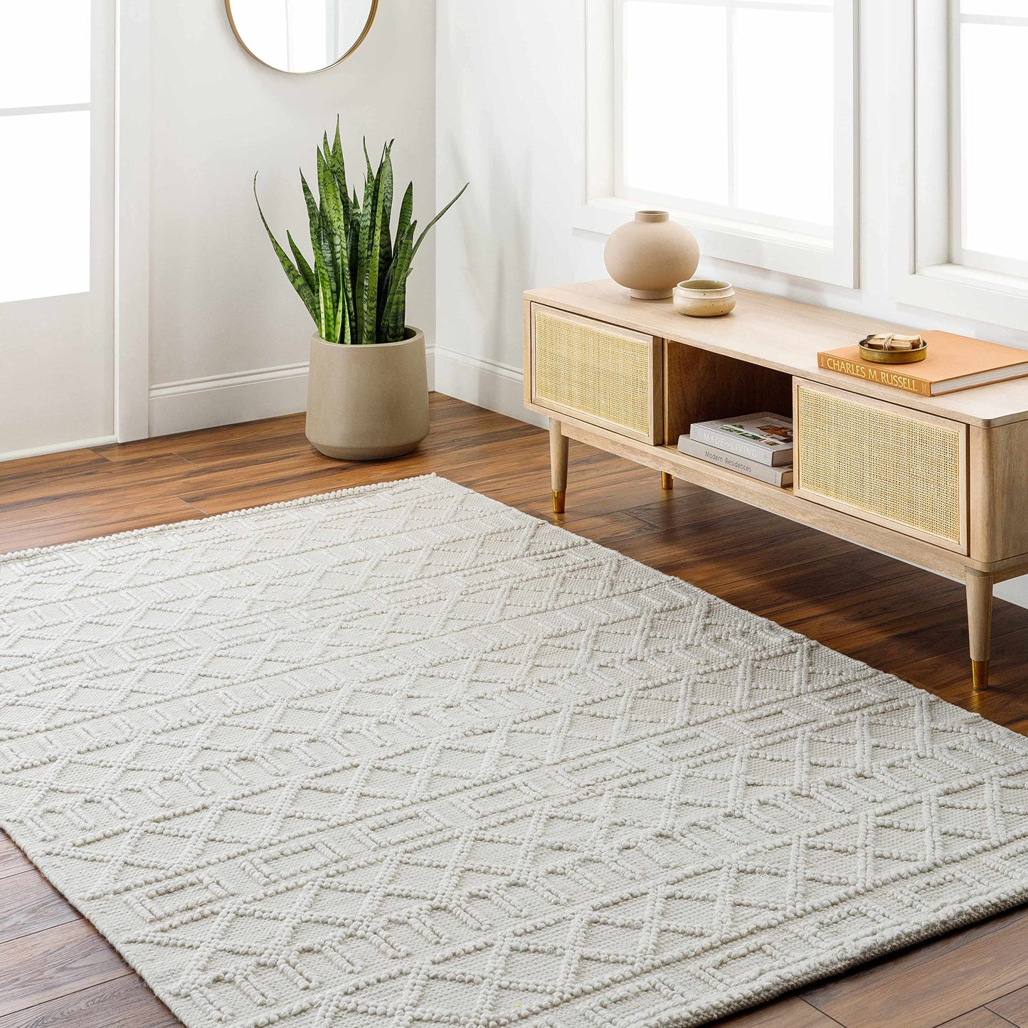Hauteloom Canta Recycled Material Area Rug - Geometric Diamond Trellis Lattice Greek - Bohemian Transitional Modern Contemporary Farmhouse - Beige, Ivory, Cream, Neutral, Off - 27" x 45"