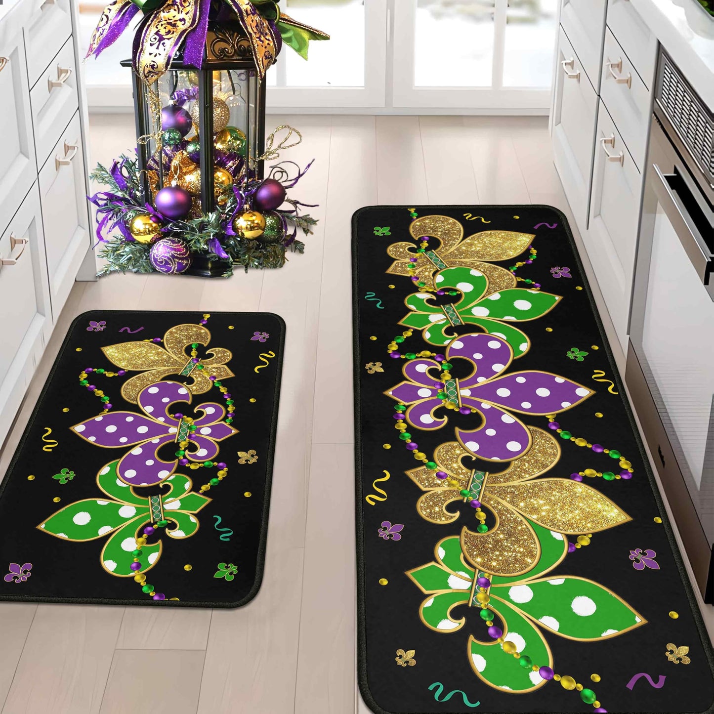 Lumiprinta Mardi Gras Kitchen Rug Set of 2, Carnival Absorbent Washable Non-Slip Comfort Standing Floor Mat for Kitchen Bathroom Living Room Sink Laundry