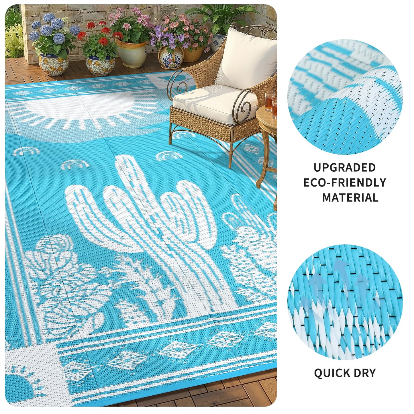 Garvee Waterproof Outdoor Rug 5x8, Cactus Botanical Outdoor Plastic Straw Rug for Camping, Reversible RV Mat Outside, Indoor Outdoor Carpet for Porch, Deck, Backyard, Balcony, Teal Blue