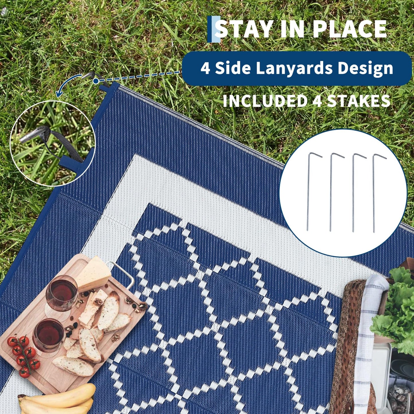 GAOMON Outdoor Plastic Straw Rug 9x18 Waterproof Patio Rug Reversible Camping Mat, Foldable Portable RV Picnic Carpet with Bag & 4 Stakes, UV Resistant Outside Carpet for Deck Balcony, Navy