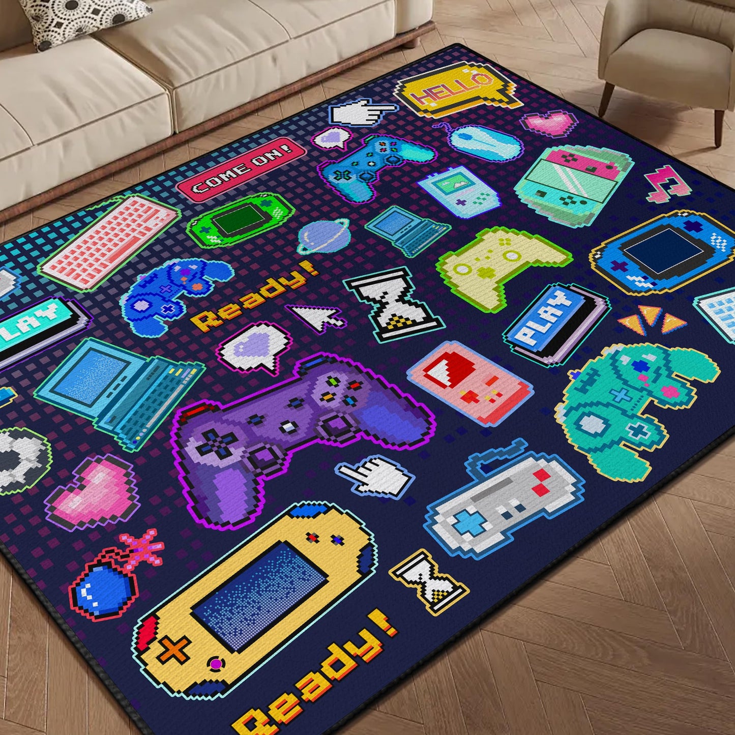 Didswuit 2x3 Game Controller Mat Gamepad with Keyboard Design for Playroom, Pixel Gaming Play Rug for Bedroom, Fun Gamer Art Décor for Game Lover Washable Carpet