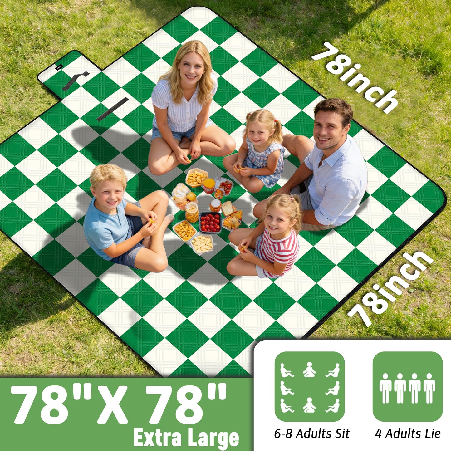Doonly Picnic Blanket, Large Waterproof Sandproof Beach Blanket, Foldable Outdoor Blanket Gingham Picnic Mat for Beach, Camping, Park, Grass, Lawn, Travel (Green)