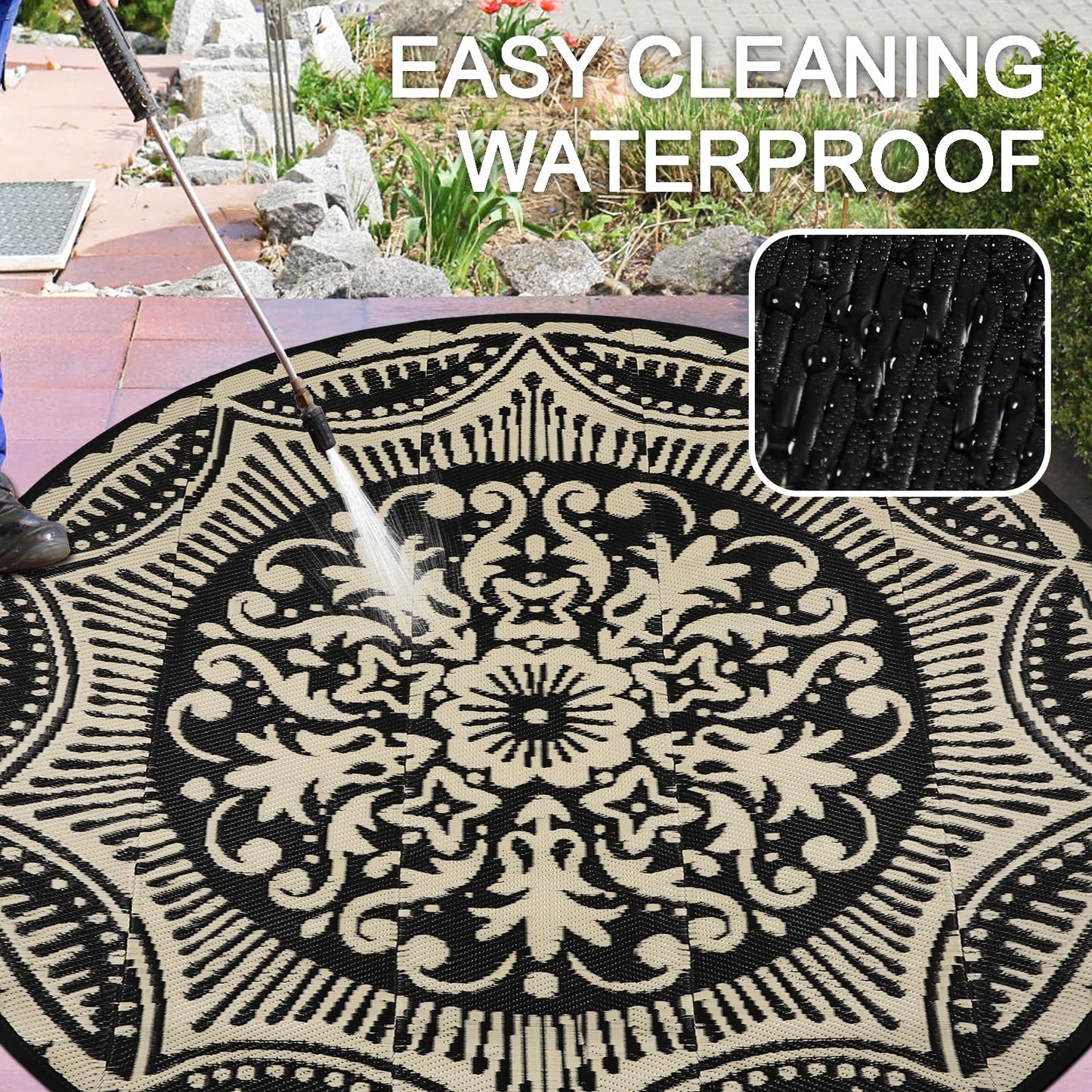 Capslpad 6x6 Floral Outdoor Rug for Patio Clearance Reversible Mat Round Portable Plastic Straw Carpet Waterproof Boho Outside Area Rug for RV Camping Picnic Tent Balcony Beach Deck, Black and Brown