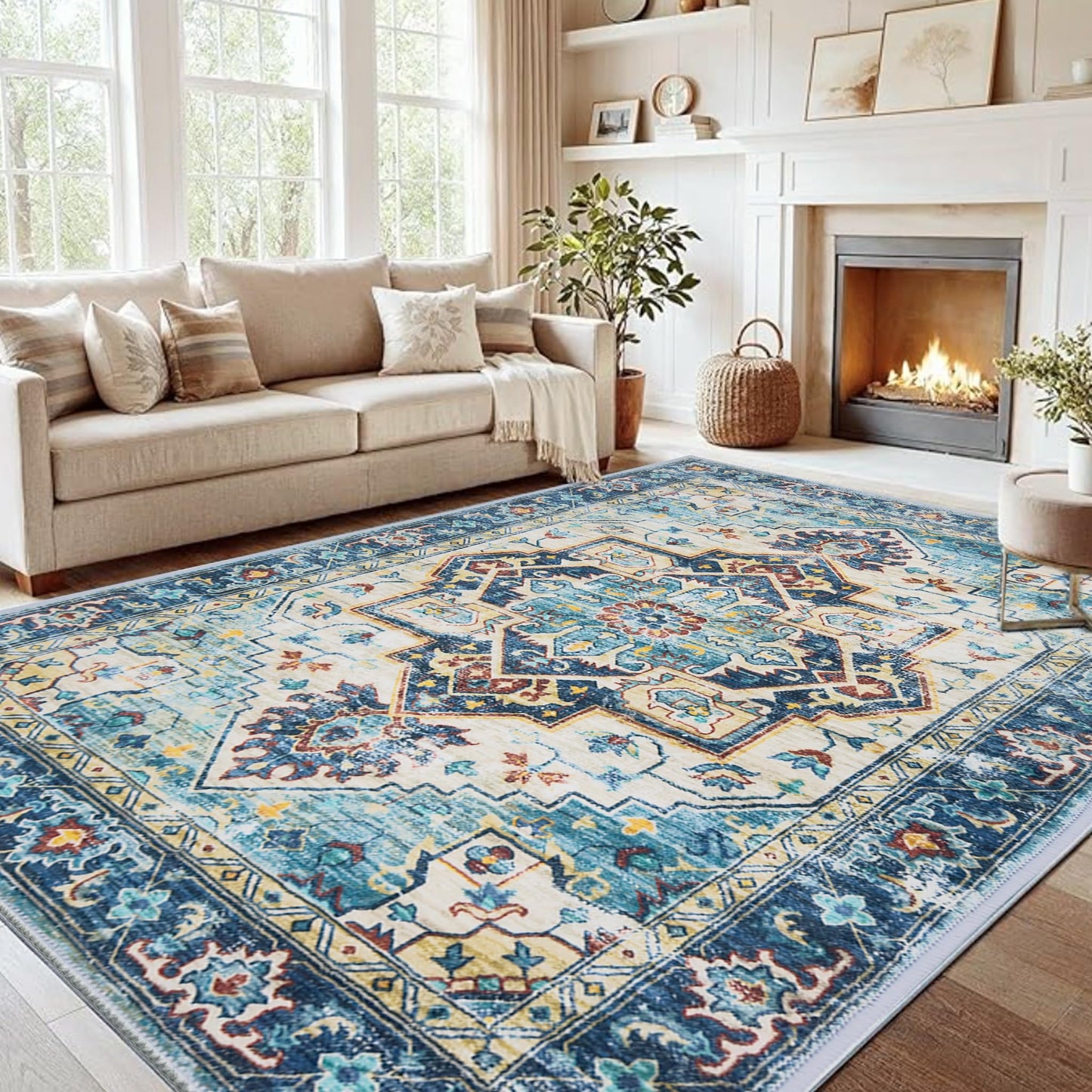 Mueinxiei Washable Vintage Area Rugs 9x12 Large Medallion Pattern Rugs, Non Slip Water Repellent Low Pile Carpet for Living Room Bedroom Dining Room Gemstone Blue