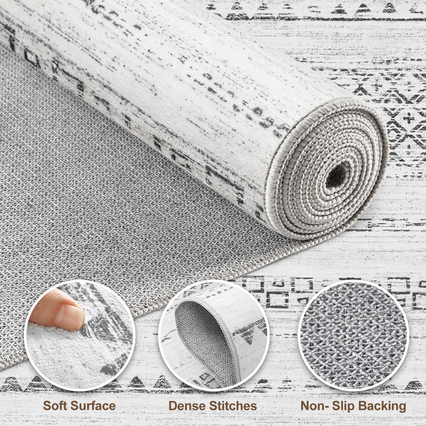 Nakagishi Area Rug Living Room Rugs: 5x7 Machine Washable Boho Large Neutral Farmhouse Stain Resistant Moroccan Indoor Floor Carpet for Bedroom Nursery Dorm Classroom Playroom Dining Room House- Grey