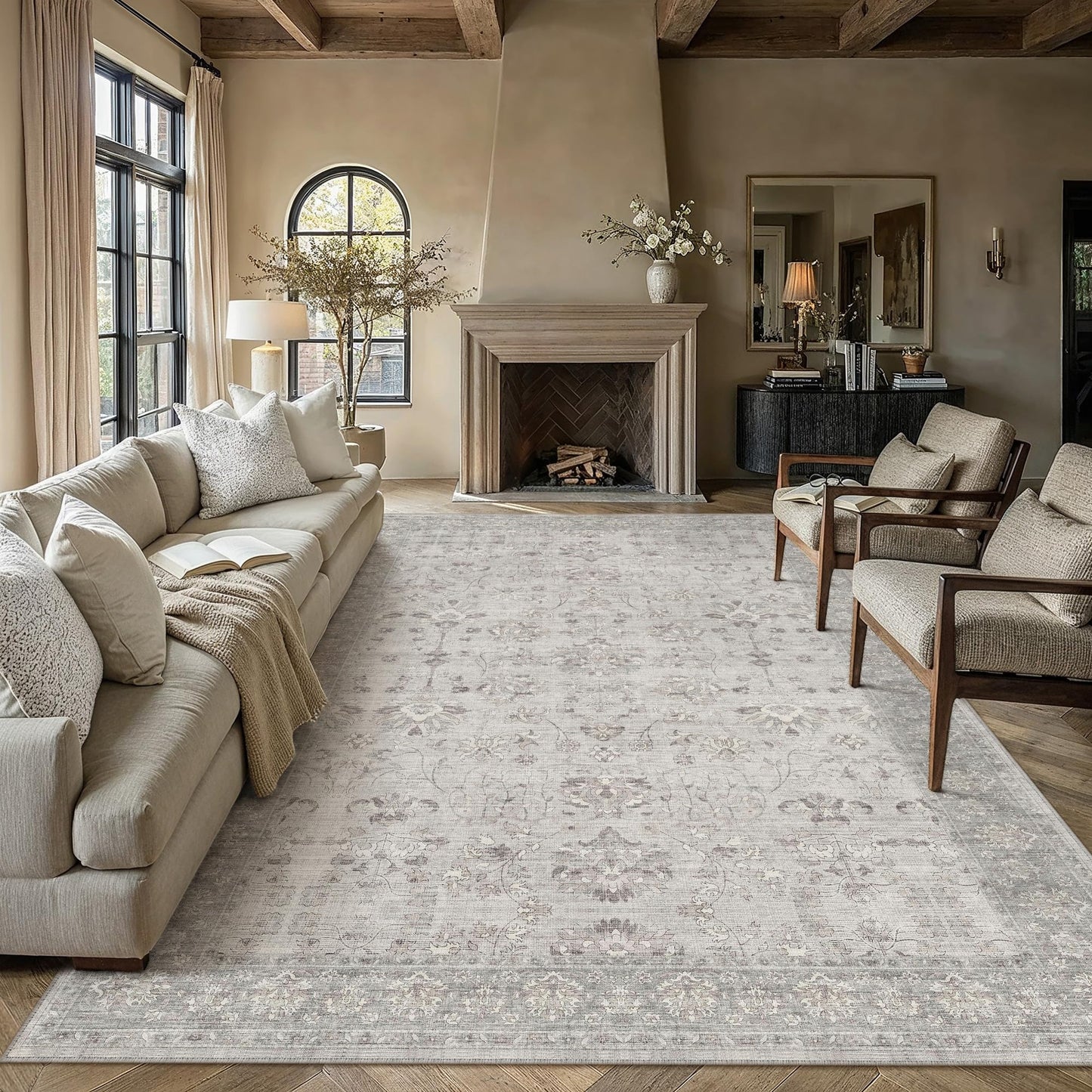 PureCozy 8x10 Living Room Area Rug Gray Washable Vintage Carpet Non Slip Low Pile Bedroom Traditional Distressed Large Throw Retro Grey Rug for Dining Room Home Office