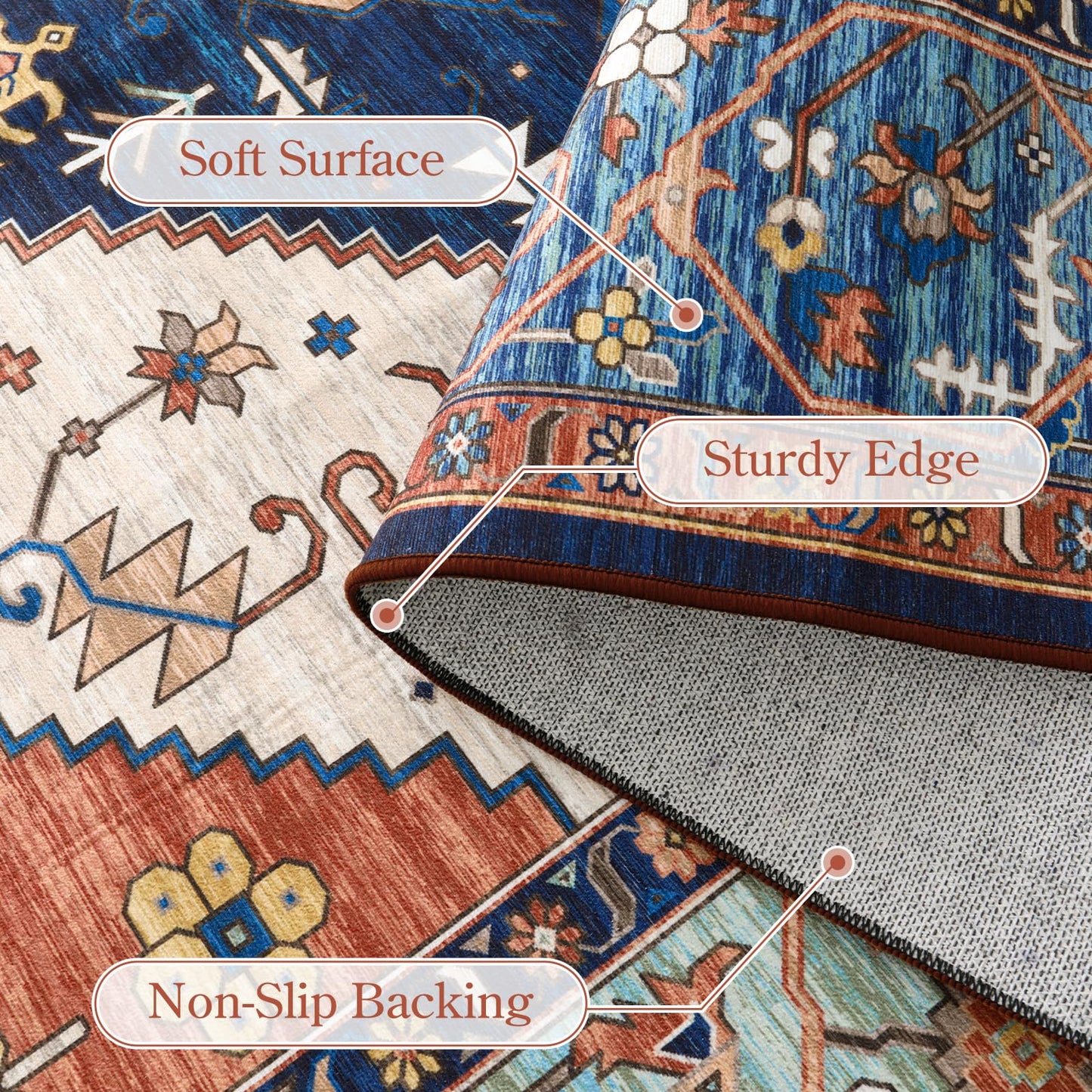 Lahome Area Rugs 9x12 Living Room - Boho Non-Slip Washable Rug Ultra-Thin Stain Resistant Large Carpet Throw Non Shedding Dining Room Mat, Oriental Print Carpet for Bedroom Adelyn (Rust, 9'x12')
