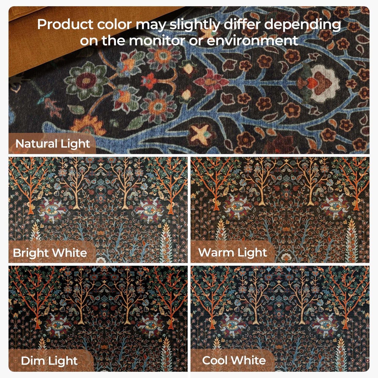 Kokia 8x10 Boho Black Botanical Floral Washable Rug, Oriental Soft Non-Slip Decoration Rugs for Living Room, Farmhouse Bedroom, Kids Playroom, Office