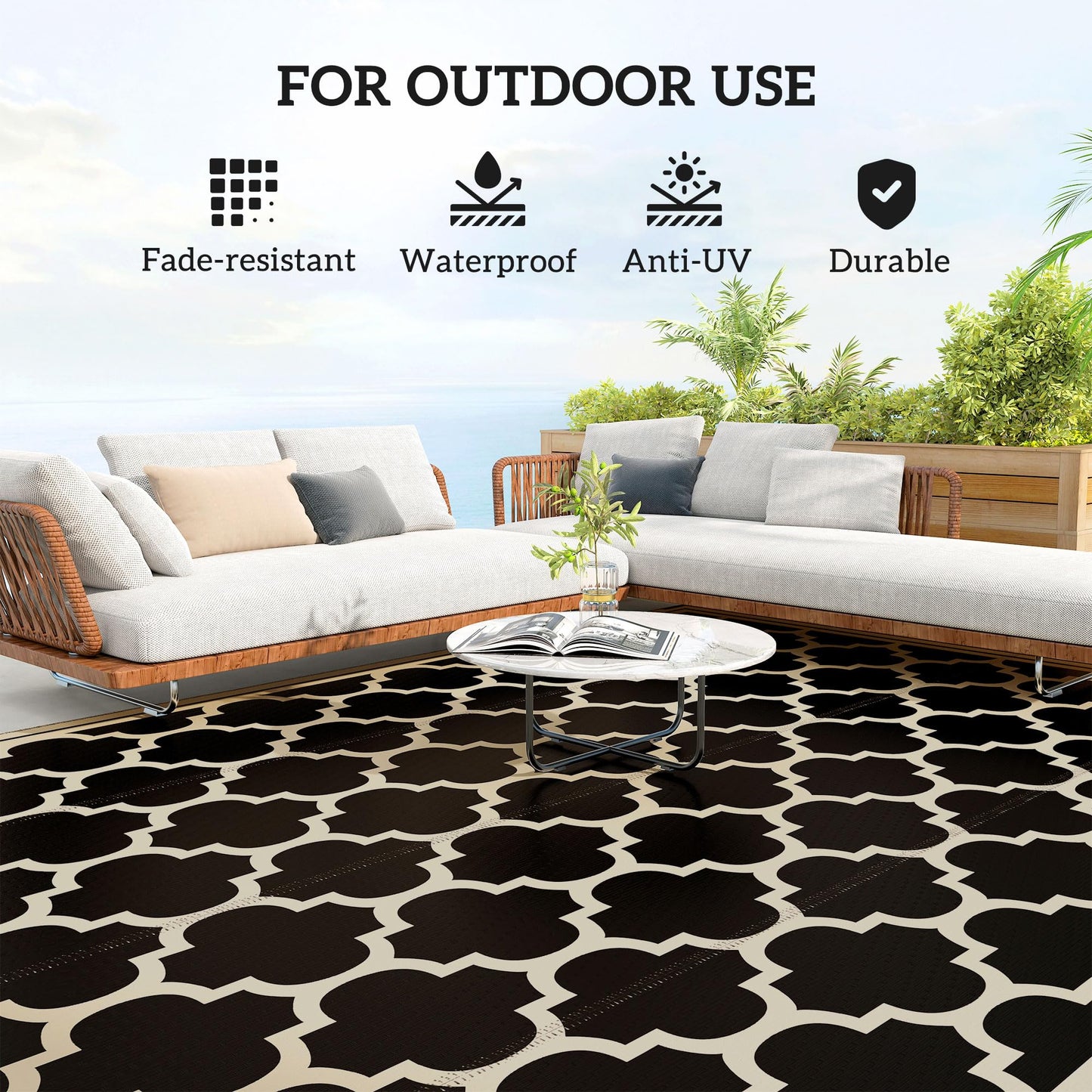 Outsunny Reversible Outdoor Rug, 9' x 12' Waterproof Plastic Straw Floor Mat, Portable RV Camping Carpet, Large Floor Mat for Backyard, Deck, Picnic, Beach, Black & Beige