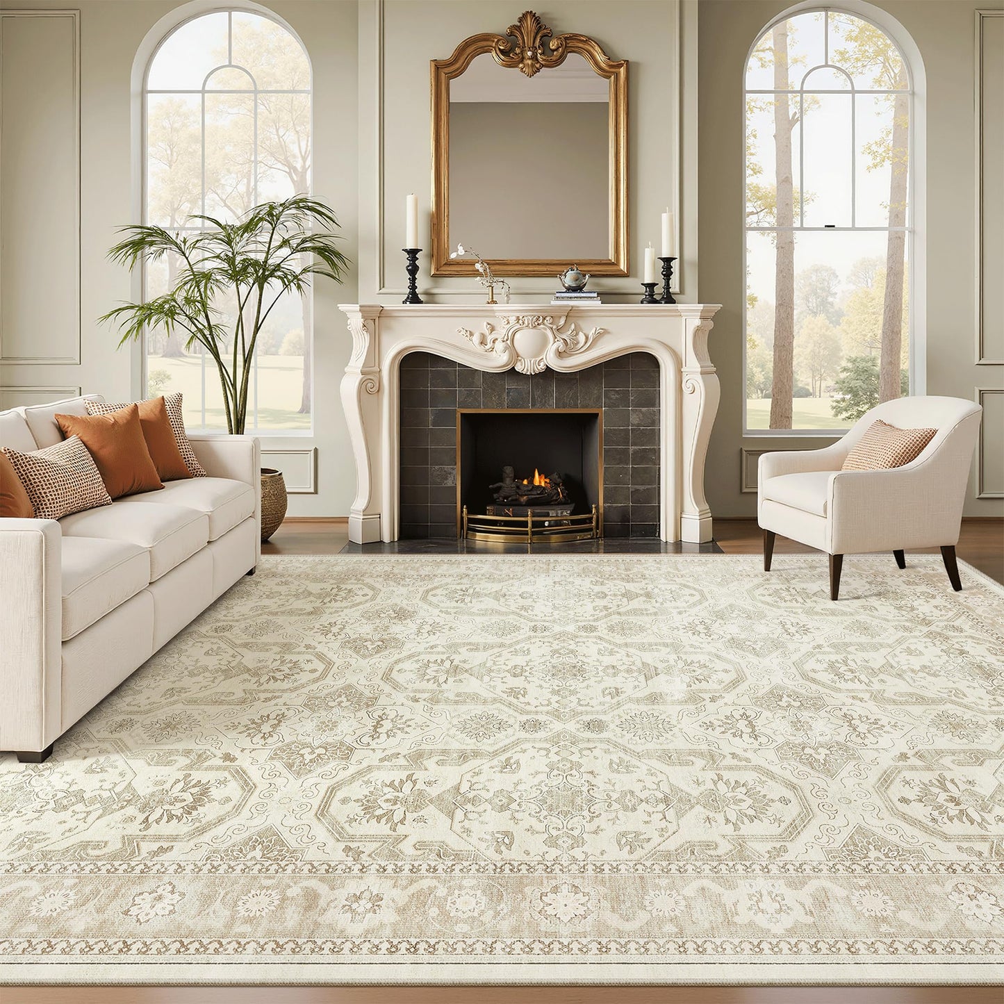 Soalmost 8x10 Area Rugs, Washable Rugs, Large Stain Resistant Beige Area Rug for Living Room Bedroom Dining Room, Vintage Farmhouse Rug