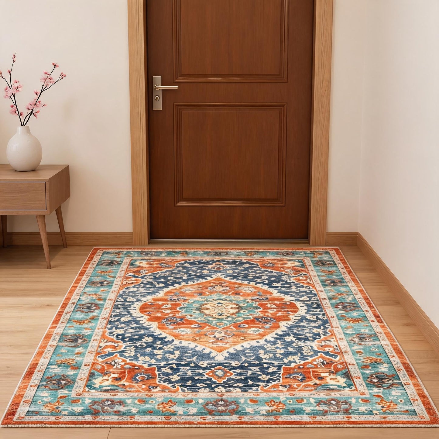 Garvee 5x7 Ft Low Pile Soft Retro Accent Rug, Boho Carpet, Washable Rugs, Stain Resistant, Non Slip Waterproof Carpet, for Entryway, Bedroom, Dinning Room, Red & Blue