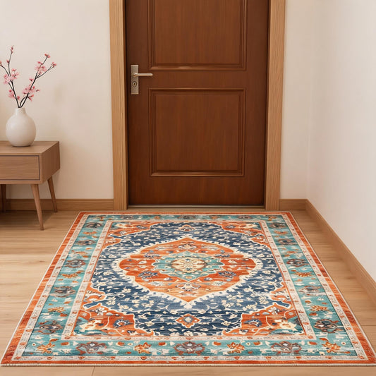 Garvee 5x7 Ft Low Pile Soft Retro Accent Rug, Boho Carpet, Washable Rugs, Stain Resistant, Non Slip Waterproof Carpet, for Entryway, Bedroom, Dinning Room, Red & Blue