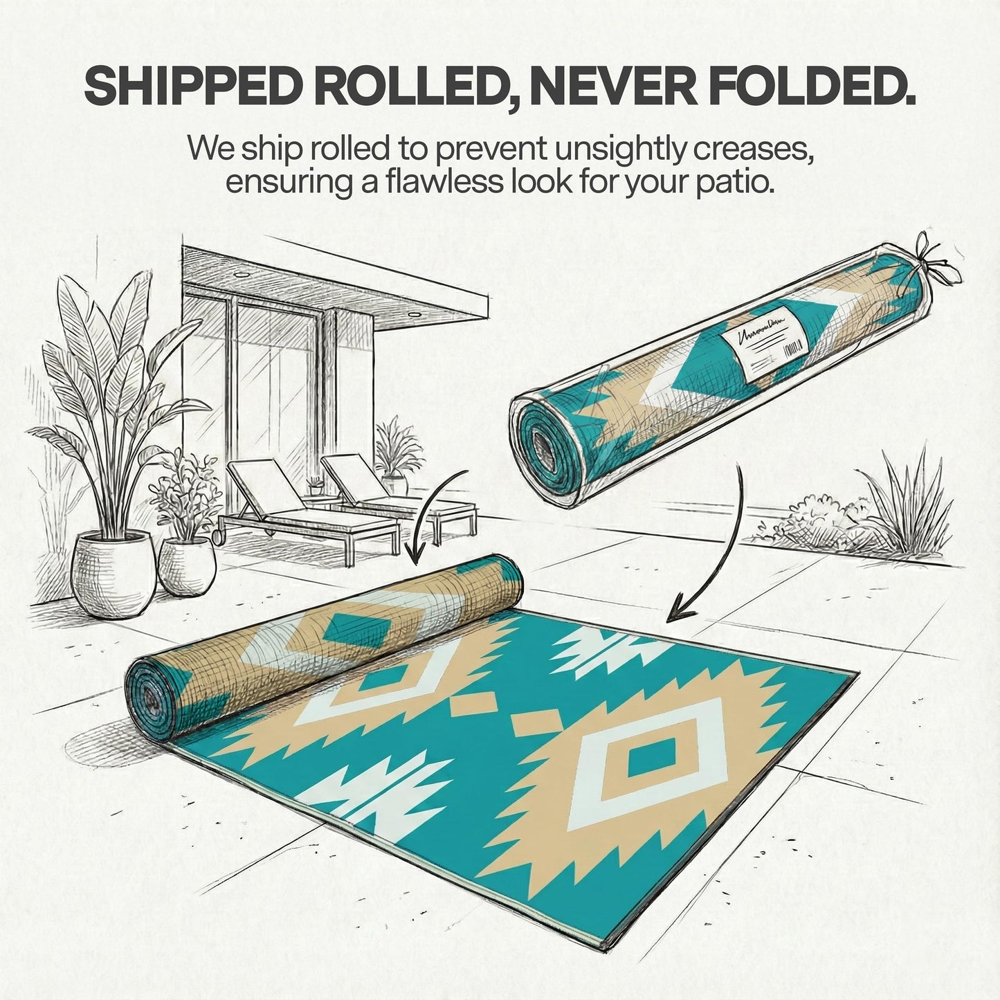 FH Home Outdoor Rug - Waterproof, Fade Resistant, Reversible - Premium Recycled Plastic - Geometric - Porch, Deck, Balcony, Mudroom, Laundry Room, Patio - Bursa Kilim - Teal Crease Free - 3 x 5 ft