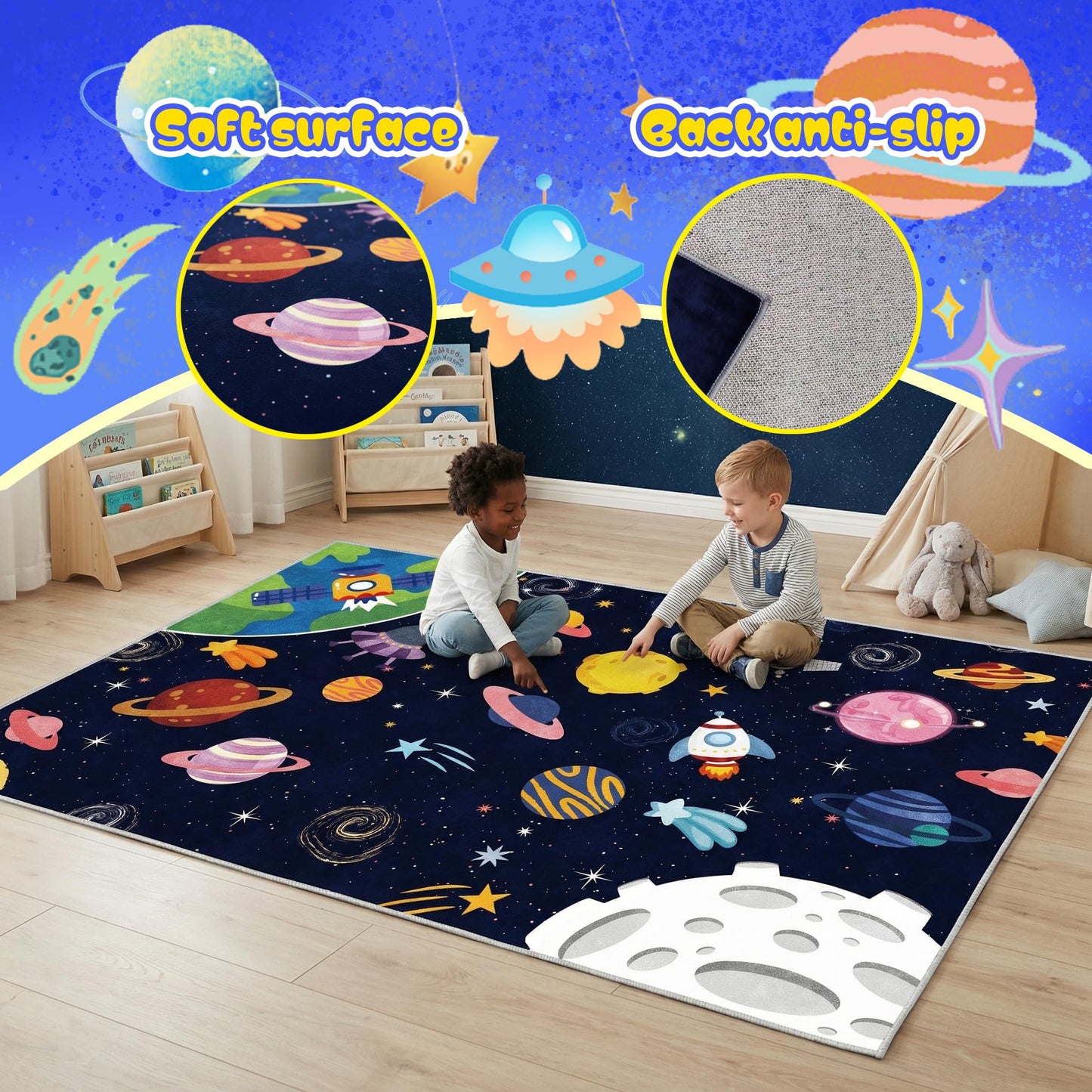 VNUVCOE Space Kids Car Rug Playmat Carpet, 31''x47'' Playroom Planet Rug for Playing Cars Toys, Educational Area Rugs for Bedroom Classroom Toddlers.