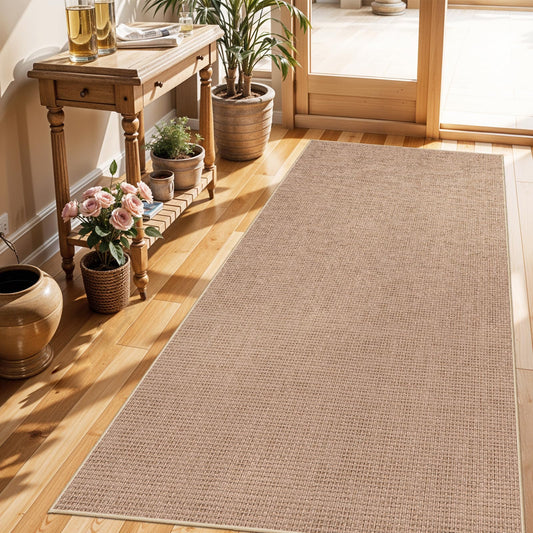 BYYVOO 3x6 Kitchen Runner Rug Washable Non Slip: Solid Color Pattern Faux Jute Rug - Thin Easy Clean Indoor Farmhouse - Boho Rugs for Entryway Kitchen Hallway Bedroom Modern Home Decor Mat (Beige,3x6)