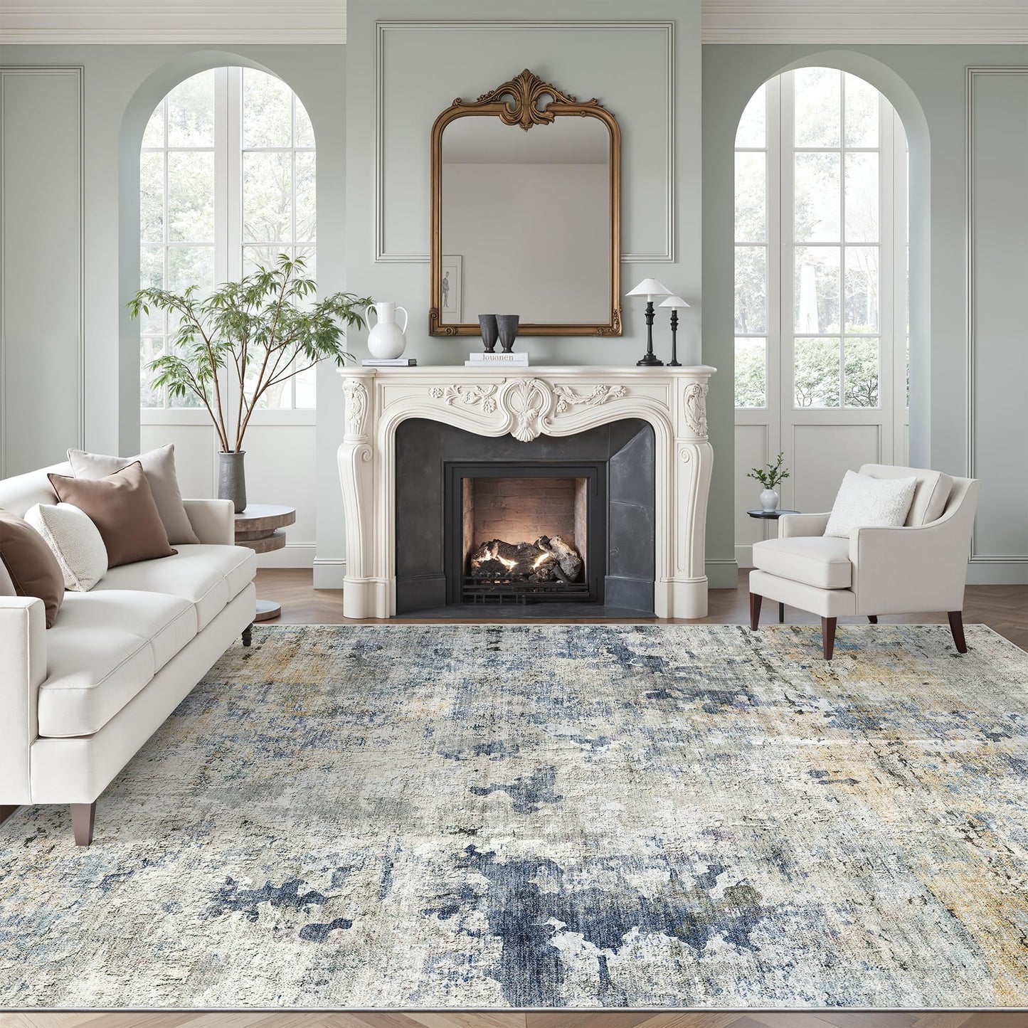 Soalmost Abstract Rug 8x10 Large Living Room Rugs Neutral Modern Washable Area Rugs for Bedroom Dining Room Non-Slip Stain Resistant Foldable Thin Rug Blue Yellow