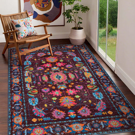 Purple Living Room Area Rug Washable 5x7 Non Slip Low Pile Oushak Vintage Oushak Stain Resistant Soft Oriental Carpet for Bedroom, Dining Room, Kitchen, Leisure Room, Nova Burgundy Fuchsia Orange Soda