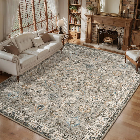Tangsoo Washable 6x9 Area Rugs for Living Room Bedroom, Vintage Beige Floral Large Rug Non Slip, Boho Soft Low Pile Farmhouse Neutral Grey Area Rug Indoor Carpet for Office Dinning Room Laundry Room