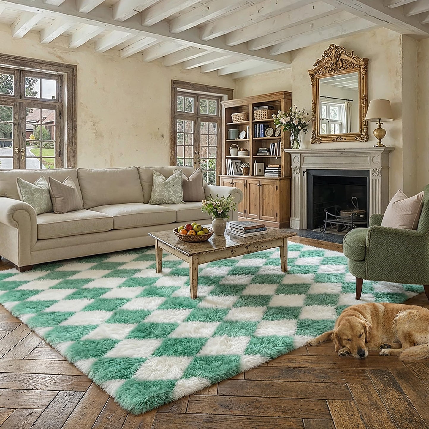 HUGEAR Checkered Rug 8x10 Living Room Green and White Modern Shag Rug Washable Large Area Rug Soft Fluffy Indoor Carpet Fuzzy Vacuumable Rugs for Bedroom Home Decor Non Slip